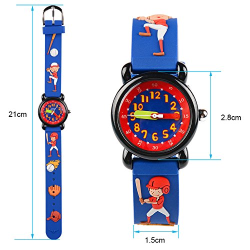 Venhoo Kids Watches Cartoon Waterproof Silicone Children Wristwatches Time Teacher Gifts for Boys Girls (Baseball Blue)
