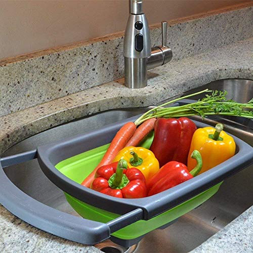 DenSan Collapsible Sink Vegetable/Fruit Colander Extendable Handles-Folding Strainer for Kitchen(Green),