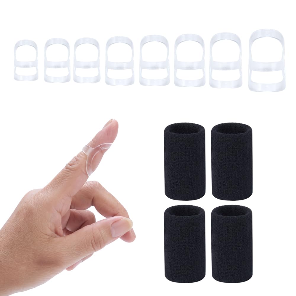 Photo 1 of Soft Home 12 pcs Fingr Splint Kits Including 8 Pack Oval Finger Splints Clear Type and 4 Pack Finger Sleeves, Finger Splint for Arthritis, Trigger Finger,Mallet Fingers - Trigger Finger splints For Thumb, Index, Middle, Pinky or Ring Finger (5,6,7,8,9,10,