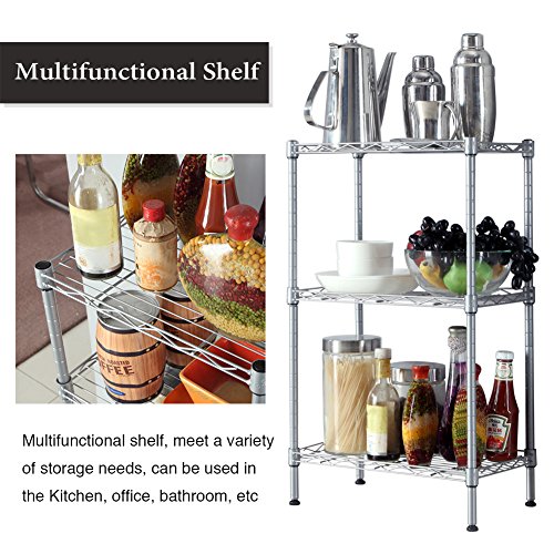 JS HOME 3-Tier Wire Shelving Rack with S Hooks and Extra Shelf Liner, Chrome
