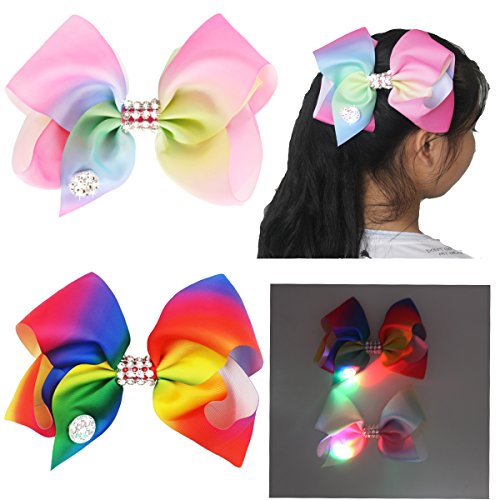 2 Colors Girls Mix Color Diamante Big Fashion Hair Bow Alligator Clips Dance Party School Accessory With Led Light Glow in Dark