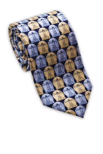 Josh Bach Mens Leonardo da Vinci Vetruvian Man Silk Necktie, Blue Made in USA