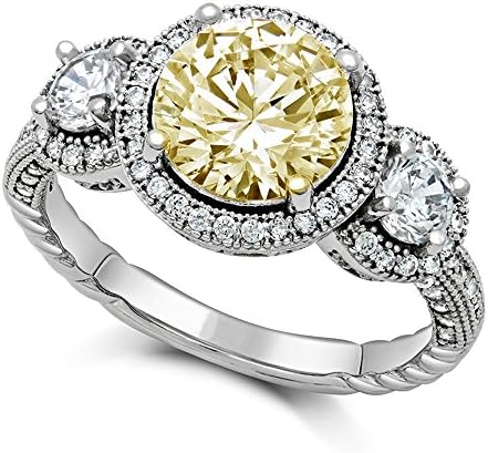 Sterling Silver Cubic Zirconia Canary Yellow Three Stone Round Engagement Ring (8)