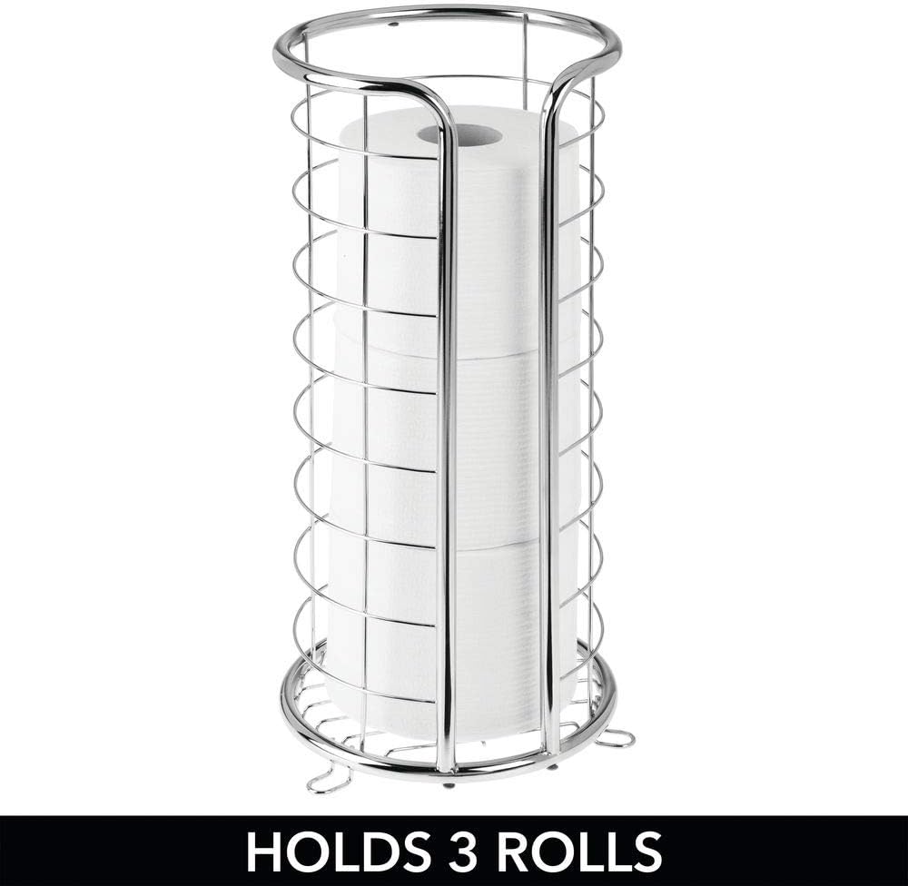 mDesign Decorative Metal Free Standing Toilet Paper Holder Stand with Storage for 3 Rolls of Toilet Tissue - for Bathroom/Powder Room - Holds Jumbo Rolls - Chrome: Home & Kitchen