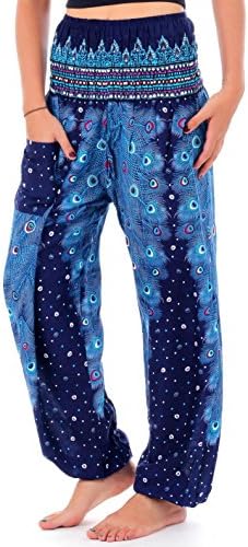 One Tribe Apparel Blue Harem Pants For Women In Boho Hippie Plume Print - Authentic Thai Genie Yoga Pants - Large