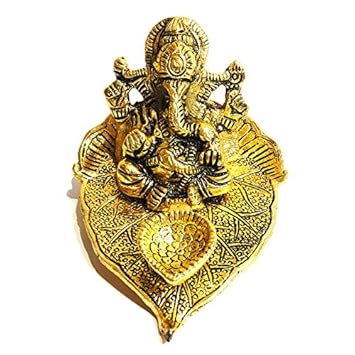 Shopping Monk Ganesh on Leaf - Oxidized Brass Metal - Beautiful Diwali Gift -Ganesh for Diwali Puja - Ganesh with Diya for Home Office Gift (Golden Furnish)