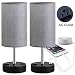 Focondot Table Lamp, Bedside Nightstand Lamps with Dual USB Charging Ports & an AC Outlet, USB Lamp Set of 2 with Gray Cylinder Shade, Stylish Desk Lamp for Bedroom Living Room Office (Grey)