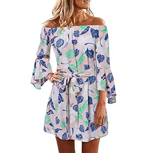 YOINS Vrouwen Mini Jurk Uit Schouder Willekeurige Bloemenprint Self-Tie Ontwerp High-Waisted Zomer Jurken