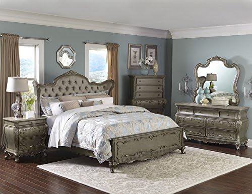 Farah 5 Piece Eastern King Bedroom Set with Chest in Rich Silver with Gold Underton Finish