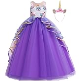 IZKIZF Girls Unicorn Costume Princess Long Maxi Tulle Dress w/Headband Birthday Party Carnival Cosplay Dress Up Outfits