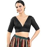 Dupion Silk Solid Non Padded Saree Blouse Top V-Neck Short Sleeves Hook and Eye Closure and Tie-Up Back Choli