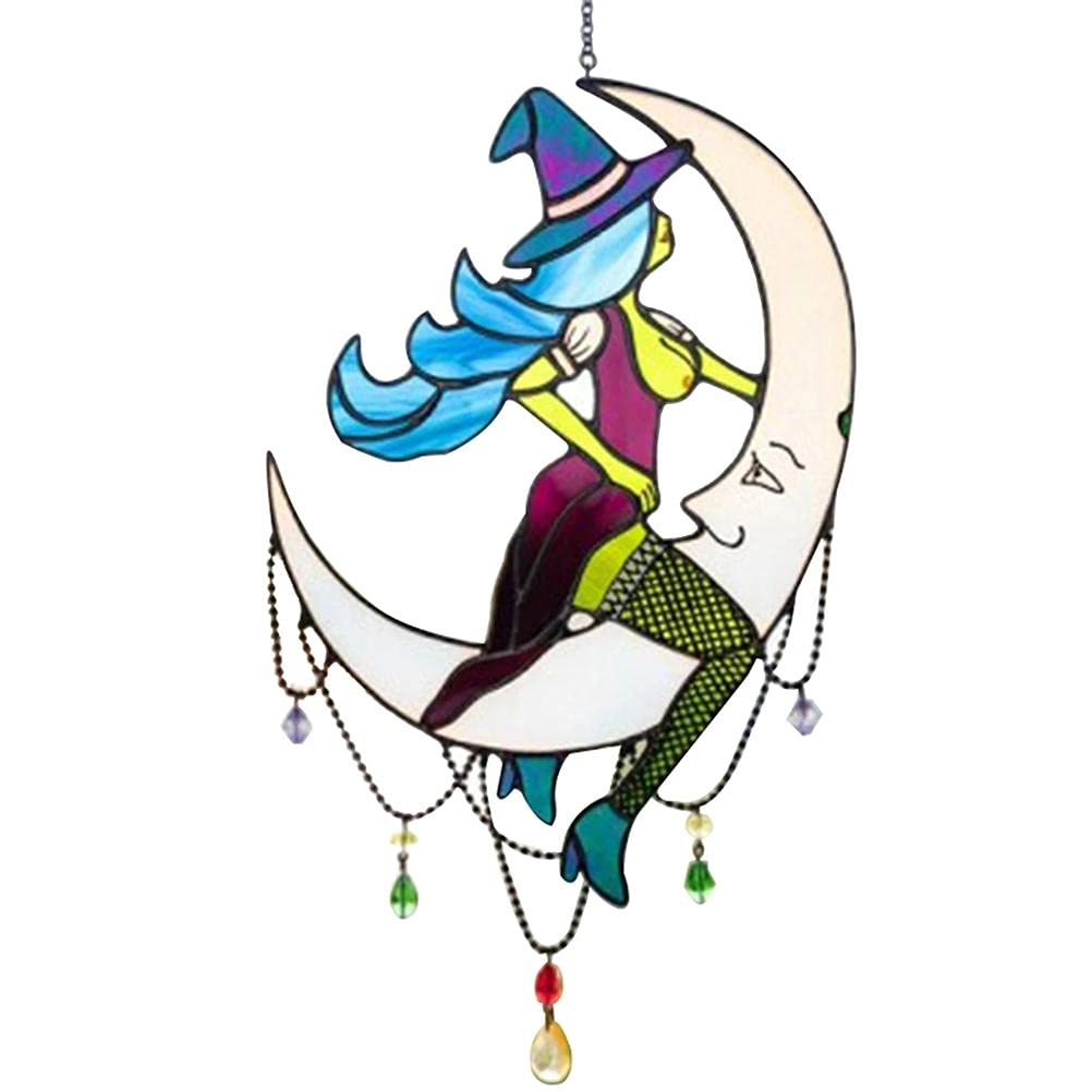 KKPLZZ Mini Stained Window Hanging Suncatcher,Witch on Moon Stained Glass Window Hanging Outdoor Wall Art Home Decoration