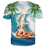 RAISEVERN Cat Surfing Pizza 3d Digital Printed Casual Round Neck T-Shirts Top Shirt XXL
