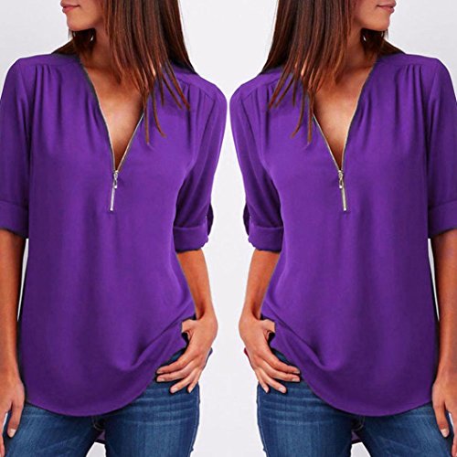 Quartly Women Zipper Shirt Tops Loose Summer T-Shirt Pullover Casual Blouse (M, Purple)