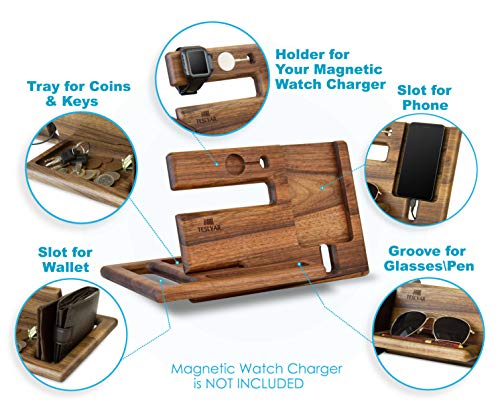 Natural Walnut Wood Phone Docking Station Key Holder Wallet Stand Magnetic Watch Charger Slot Organizer Men Gift Husband Wife Anniversary Dad Birthday Nightstand Tablet Father Graduation Travel Idea