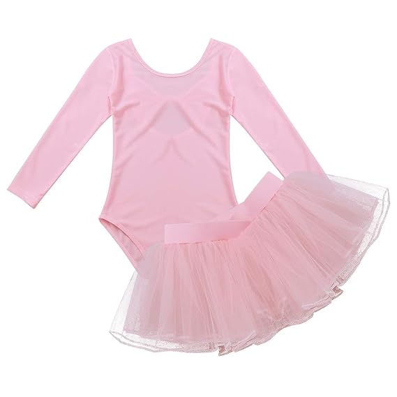 iixpin Mädchen Ballettkleider Strampler + Tutu Rock Langarm Ballettanzug mit Schleife Tanzkleider Kinder Tanzanzug, Gr. 98-16
