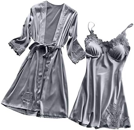 WENSY Two-Piece Suit Women Silk Lace Robe Dress Babydoll Nightdress Kimono Cardigan Robe Sleepwear Kimono Set