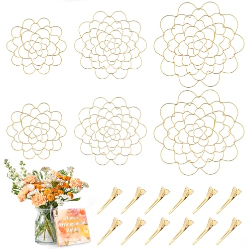 Flower Arranger Holder, Floral Arrangement Holder Bouquet Twister Reusable Gold Stainless Steel Round Metal Flower Lid Supplies for Plant Fixation (6 Pieces)