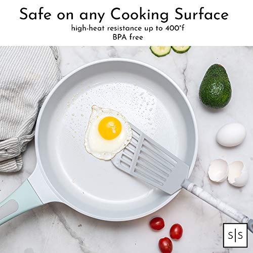 Grey Cooking Utensils With a Modern Look of Marble Utensil Holder Included - Marble Kitchen Accessories. 16-Piece Nylon Cooking Utensils Set with Holder incl. Grey Measuring Spoons and Cups Set