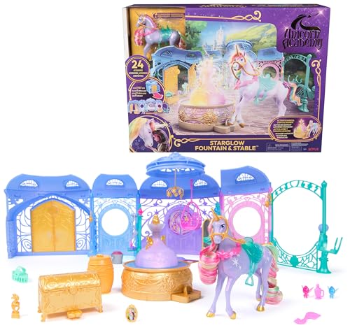 Unicorn Academy, Starglow Fountain & Stable Playset with Wildstar, Lights & Sounds, 24 Accessories, Dolls & Unicorn Toys, Gifts for Girls Ages 4 and up