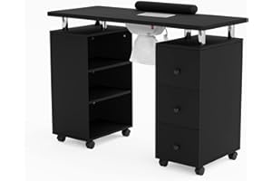 OmySalon Manicure Table Nail Desk for Nail Tech, Nail Table Beauty Salon Tech Station w/Electric Downdraft Vent, Lockable Wheels,Wrist Cushion,Storage Shelves & Drawers