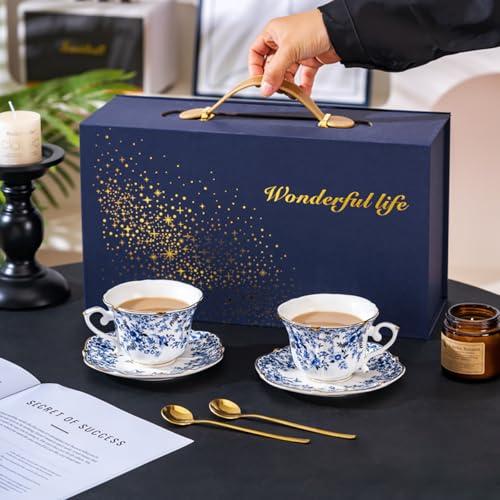 250ml Tea Cup and Saucer Set, 8oz Floral Blue Porcelain Coffee Cups for Tea, Cappuccino, Latte, Elegant Vintage Bone China Tea Set, Gift Box
