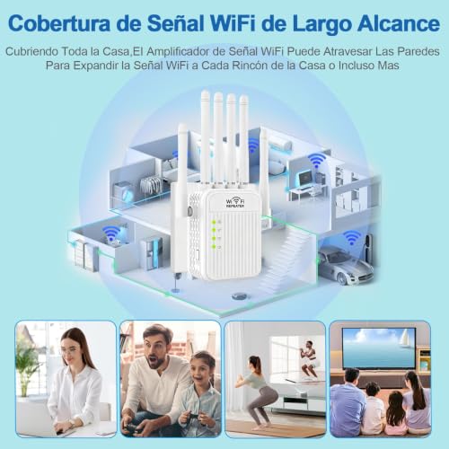 Amplificador Señal WiFi 5G /2.4G Repetidor WiFi Largo Alcance Doble Banda WiFi Extender con 6 Antenas de Alta Ganancia, Puerto LAN, Extensor de WiFi para casa y Oficina,Fácil de Instalar