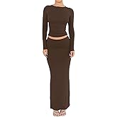 Lybiogs Two Piece Skirt Set for Women 2 PC Y2K Outfits Long Sleeve Tshirts Tops Bodycon High Waist Maxi Skirts