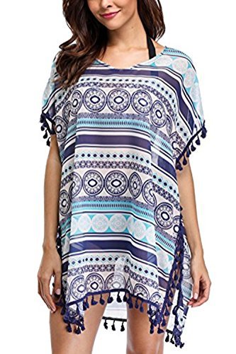 YKSH Women Tribal Swimsuit Chiffon Tassel Summer Beachwear Bikini Cover Up,Tribal,Medium