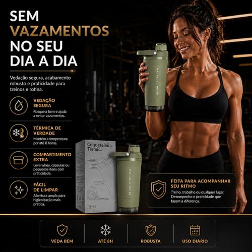 Coqueteleira Térmica ELLYM NUTRITION 600ml Com Compartimento Whey Inox Academia Profissional Shaker (Verde)
