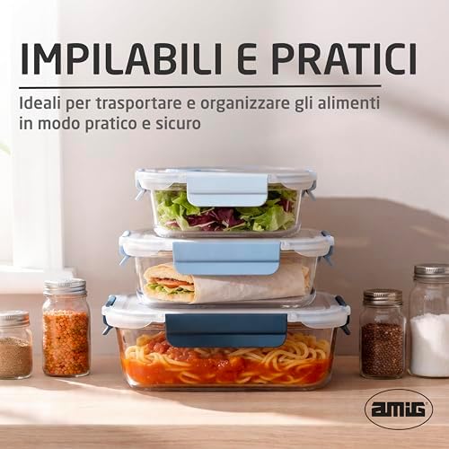 - Set di 3 Contenitori Ermetici in Vetro - 370ml, 640ml, 1050ml - Trasparente - Coperchio in Polipropilene - Adatti per Conservare, Trasportare e Riscaldare Alimenti - Mod. 700
