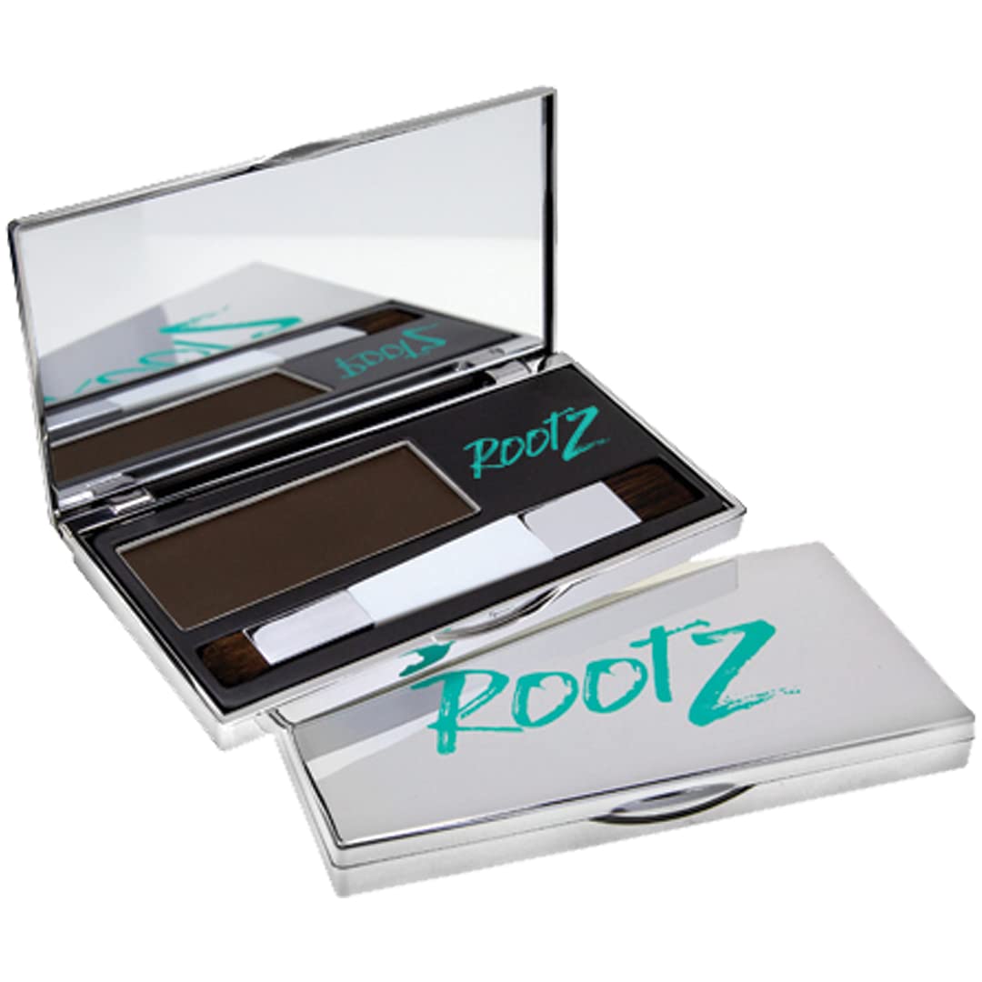 Rootz Dark Brown Grey Root Touch Up Temporary Concealing Powder with Unique Dual Action Brush - Instantly Cover Grey Roots, Shape & Thicken Eyebrows - Smudge Proof, Waterproof & Wax Free