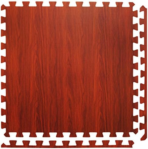 6 Large Brown Wood Effect Interlocking Foam Mats with edges - Perfect for Floor Protection, Garage, Exercise, Yoga, Playroom. Eva foam (6 tiles, Chocolate brown - Each tile = 24 x 24in)
