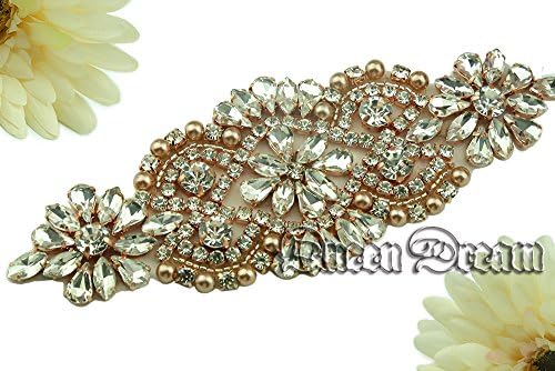 QueenDream Rose Gold Beaded Crystal Rhinestone Bridal Headband Applique Trim