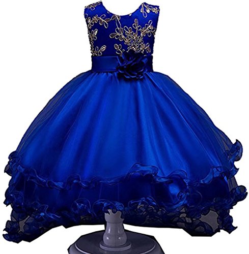 ZaH Girl Dress Kids Ruffles Lace Party Wedding Dresses(Blue,6-7Y)