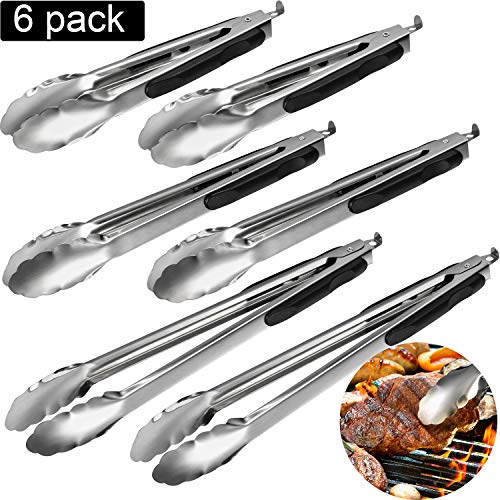 Maitys Set of 6 Cooking Tongs 9, 12, 14 Inch Stainless Steel Locking Kitchen Tongs Heavy Duty Kitchen BBQ Tongs Set for Cooking, Grilling and Barbecue