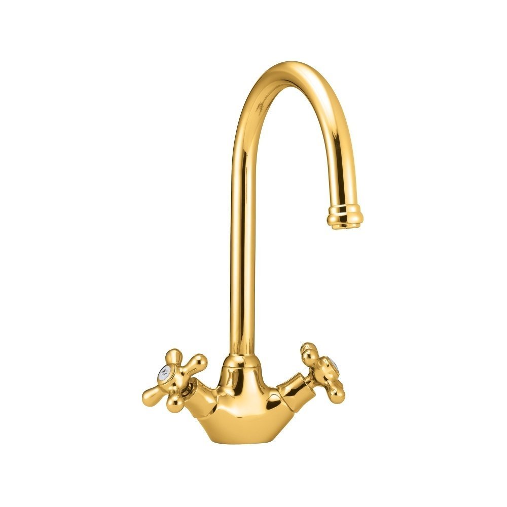 Deva SM057/501 Venetian Mono Kitchen Sink Mixer Tap with Gold Finish 360° Swan Swivel Spout-Easy Use Hot & Cold Brass Flow Cross Handles-for Dual Single Basin-12 Year Warranty