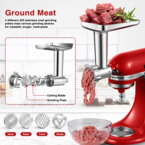 Metal Food Grinder Attachment for KitchenAid Stand Mixer, AMZCHEF Meat Grinder Attachments Included 3 Sausage Stuffer Tubes & Holder, 4 Grinding Plates, 2 Grinding Blades, Burger Press, Cleaning Brush
