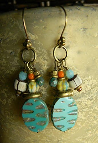 Brass Earrings Turquoise Orange Colorful Unusual Dangle