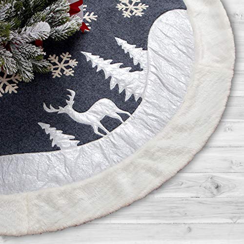 7Felicity Christmas Tree Skirt 48 inches, Fur Rustic White Xmas Tree Skirt,Snowy Christmas Trees Mat Decorations Indoors,Deer and Snowflake Pattern (White Deer) - Thumbnail 3