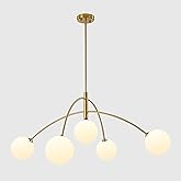 ZXFDWB 5-Light Gold Sputnik Chandelier for Dining Room Mid Century Modern Light Fixture with Milk Glass Globes, Adjustable Ha
