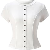 winkbay Women's Summer Ruched Crew Neck T Shirts Dressy Casual Button Short Sleeve Knit Work Office Tops