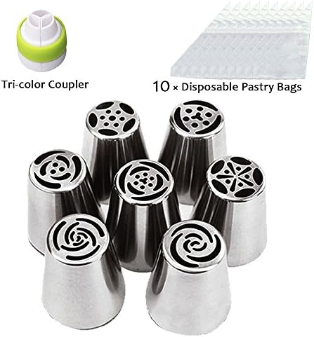 Outeam Russian Piping Tips Stainless Steel Nozzles for Decorating Cakes 18-Pcs Set( Best 7 Russian Piping Tips 10 Disposable Pastry Bags 1 Tri-Color Coupler)