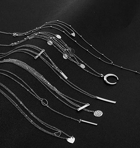 Masedy 6Pcs 18K Gold-Plated Layered Choker Necklace for Women Girls Long Chain Necklace Adjustable Silver
