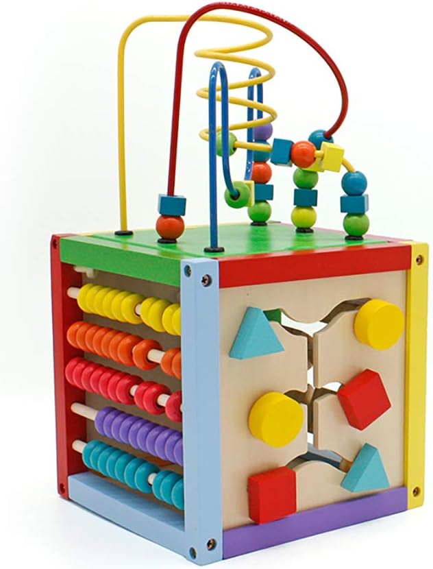 5 in 1 Activity Cube with Bead Maze, Wooden Learning Educational Toys, Baby Shape Sorter, Abacus Counting Beads, Sliding Shapes