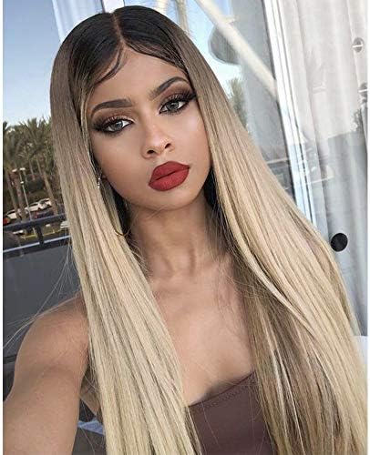 Women’s Silky Long Straight Wig Brown to Blonde Ombre Wigs for Women Synthetic Middle Part Heat Resistant Full Wigs