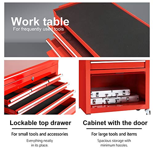 Big Removable Tool Chest, Rolling Tool Chests with Wheels (2PCS Lockable) and Drawers, Top Tray and Bottom Cabinet Door with Keyed Locking System, for Garage, Warehouse, and Workshop, etc(Red) - Thumbnail 3