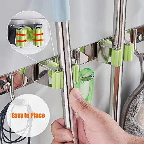 Broom Mop Holder Wall Mount Stainless Steel Wall Mounted Storage Organizer Heavy Duty Tools Hanger with 3 Racks 4 Hooks for Kitchen Bathroom Home Kitchen Garage Garden