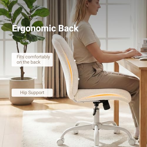 KRAMZMING Vanity Chair with Wheels, Cute Desk Chair with Back, Armless Office Chair Height Adjustable, Soft Lumbar Support for Small Space, Bedroom, Make-up Room（White）