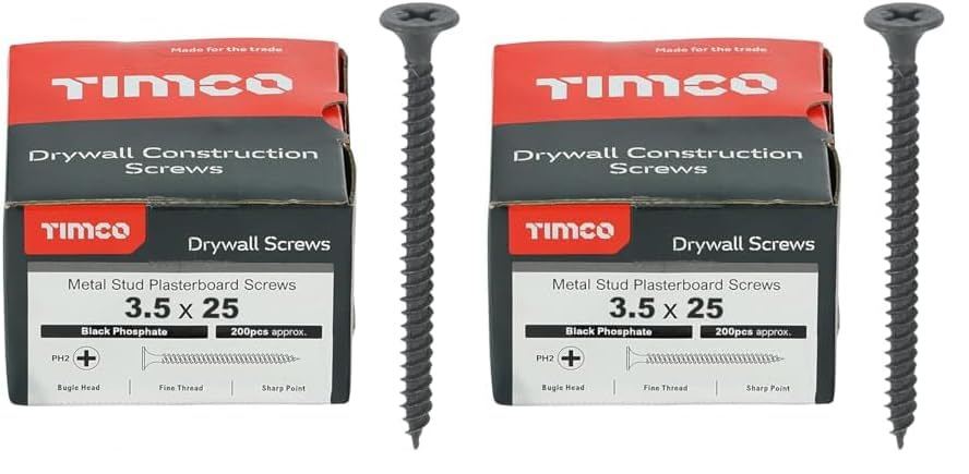 TIMCO PH2 Philips Drywall Screws - 3.5 x 25 - Black - Box of 200 (Pack of 2)